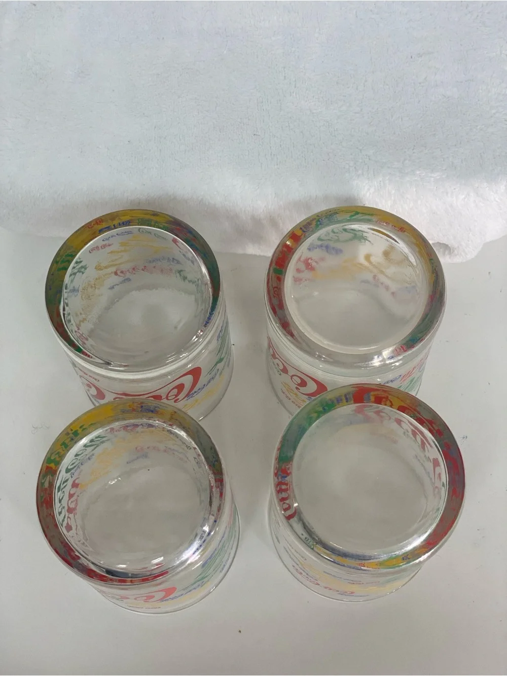 Coca Cola Set of 4 Multicolor Logo Glass 12 ounce Retro Repeated Logo Colorful